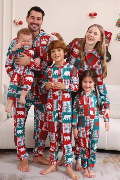 Vermelho e Verde Colorblock Natal Hooded Família Pijama set