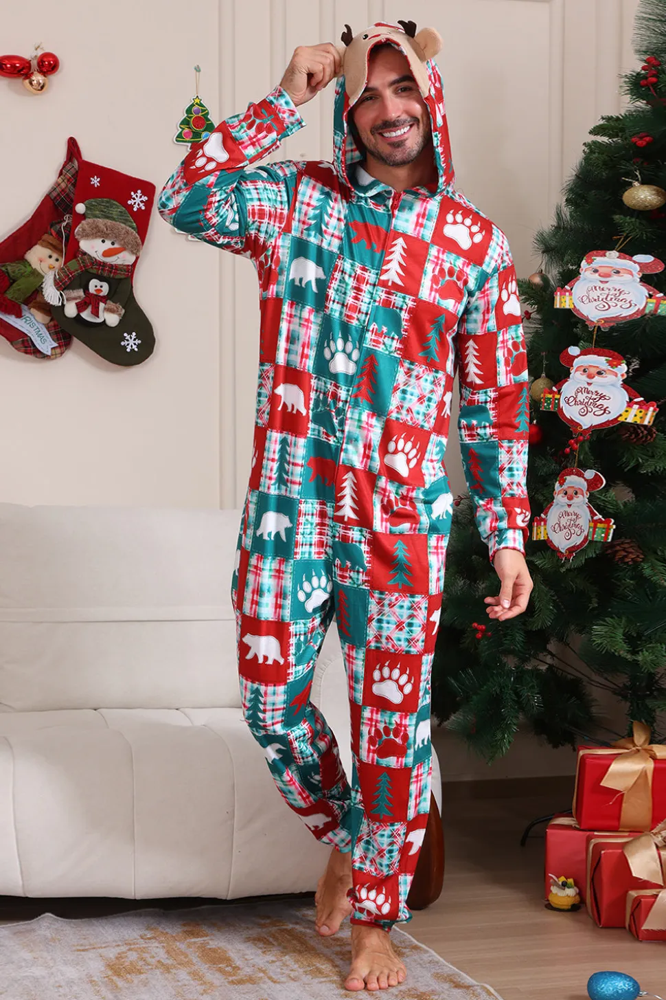 Vermelho e Verde Colorblock Natal Hooded Família Pijama set