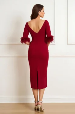 Vermelho escuro Bateau pescoço Ruched bainha vestido de casamento convidado com penas