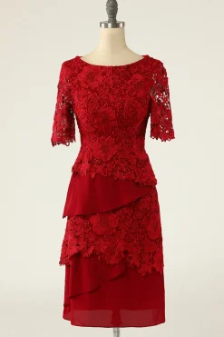 Vermelho escuro duas peças mãe do vestido de noiva com renda