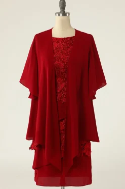Vermelho escuro duas peças mãe do vestido de noiva com renda