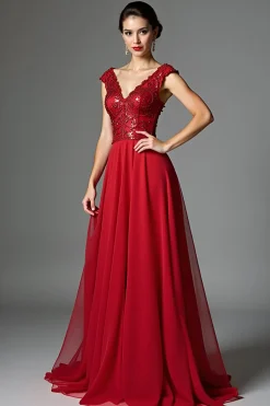 Vermelho escuro frisado V pescoço uma linha mãe do vestido de noiva com mangas de boné
