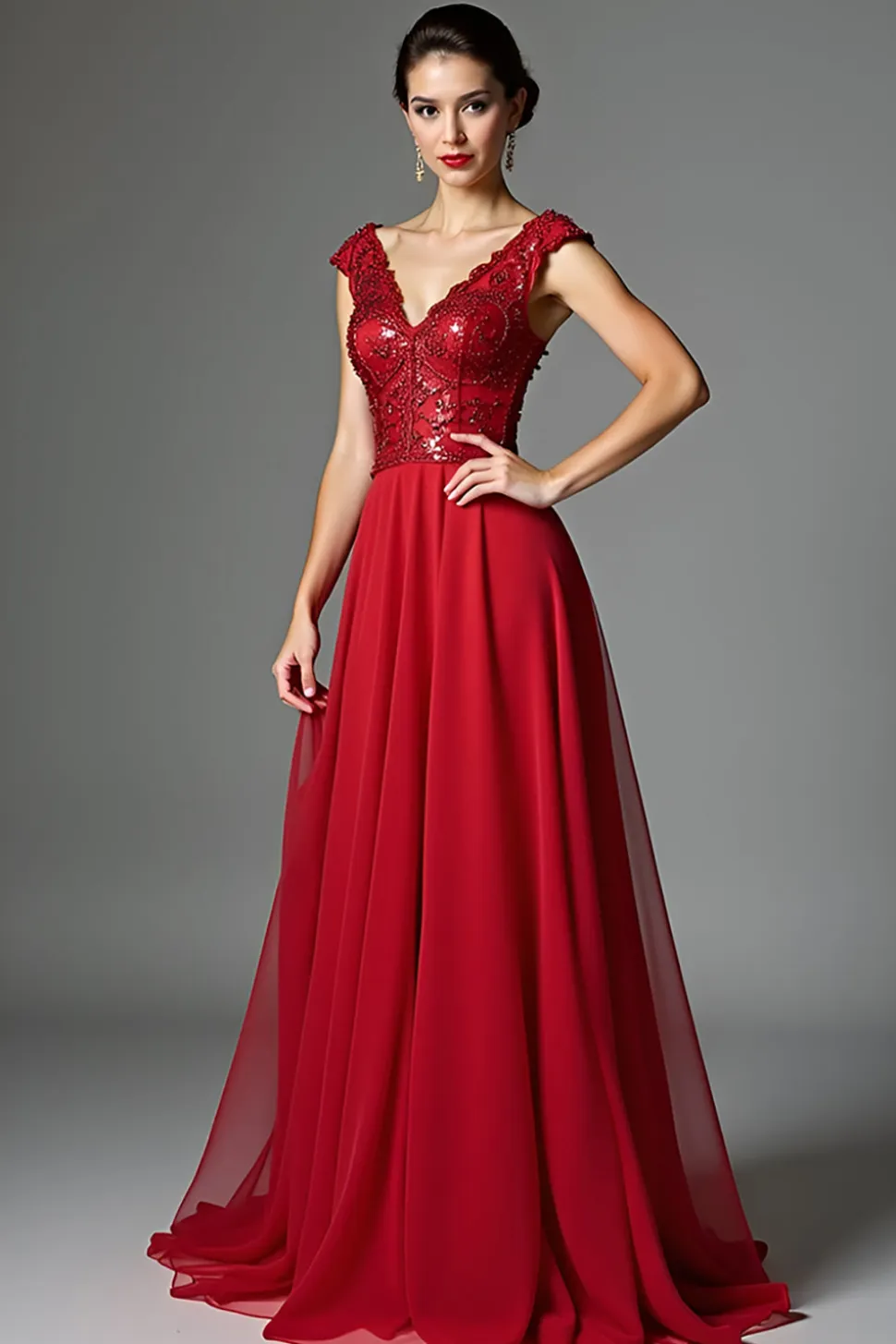 Vermelho escuro frisado V pescoço uma linha mãe do vestido de noiva com mangas de boné