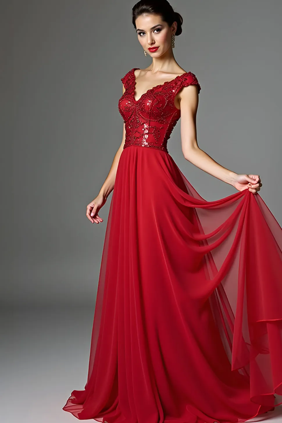 Vermelho escuro frisado V pescoço uma linha mãe do vestido de noiva com mangas de boné