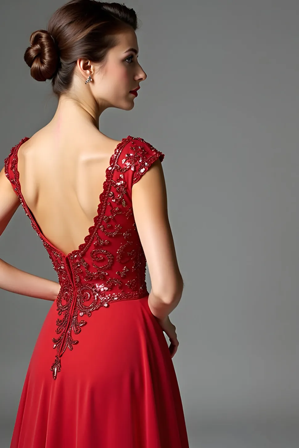 Vermelho escuro frisado V pescoço uma linha mãe do vestido de noiva com mangas de boné