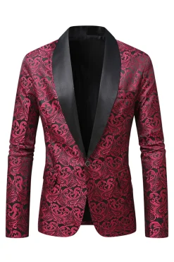 Vermelho Escuro Jacquard Xale Lapela Masculino Prom Blazer