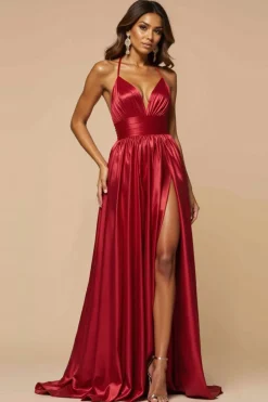 Vermelho Escuro Linha-A Alças Finas Longo Cetim Vestido De Baile com Fenda