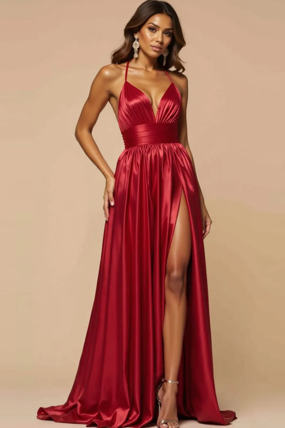 Vermelho Escuro Linha-A Alças Finas Longo Cetim Vestido De Baile com Fenda
