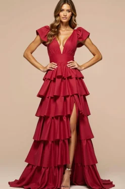 Vermelho Escuro Linha-A Decote em V Longo Vestido De Baile com fenda