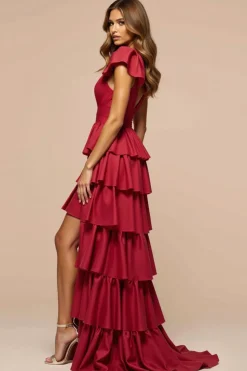 Vermelho Escuro Linha-A Decote em V Longo Vestido De Baile com fenda