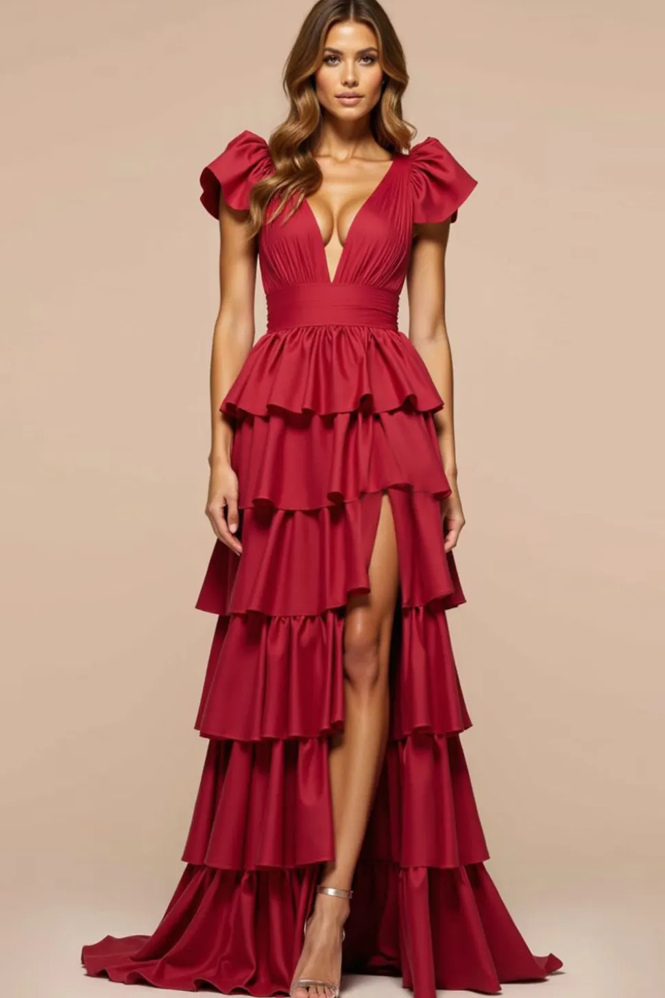 Vermelho Escuro Linha-A Decote em V Longo Vestido De Baile com fenda
