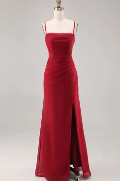 Vermelho escuro Ruched Chiffon espaguete alças longo vestido de dama de honra com fenda