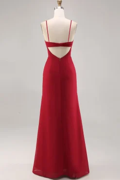 Vermelho escuro Ruched Chiffon espaguete alças longo vestido de dama de honra com fenda