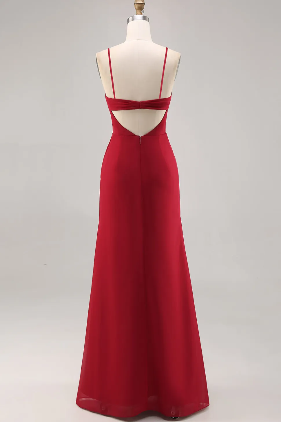 Vermelho escuro Ruched Chiffon espaguete alças longo vestido de dama de honra com fenda