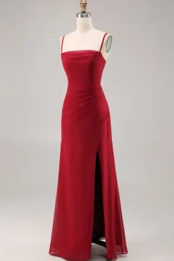 Vermelho escuro Ruched Chiffon espaguete alças longo vestido de dama de honra com fenda