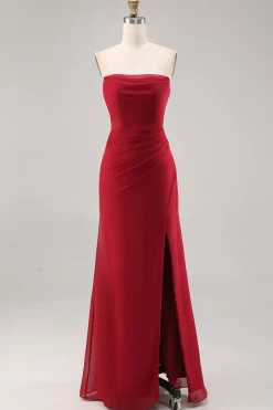 Vermelho escuro Ruched Chiffon espaguete alças longo vestido de dama de honra com fenda