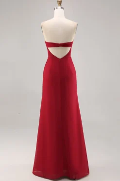 Vermelho escuro Ruched Chiffon espaguete alças longo vestido de dama de honra com fenda