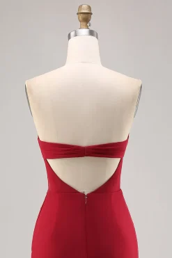 Vermelho escuro Ruched Chiffon espaguete alças longo vestido de dama de honra com fenda