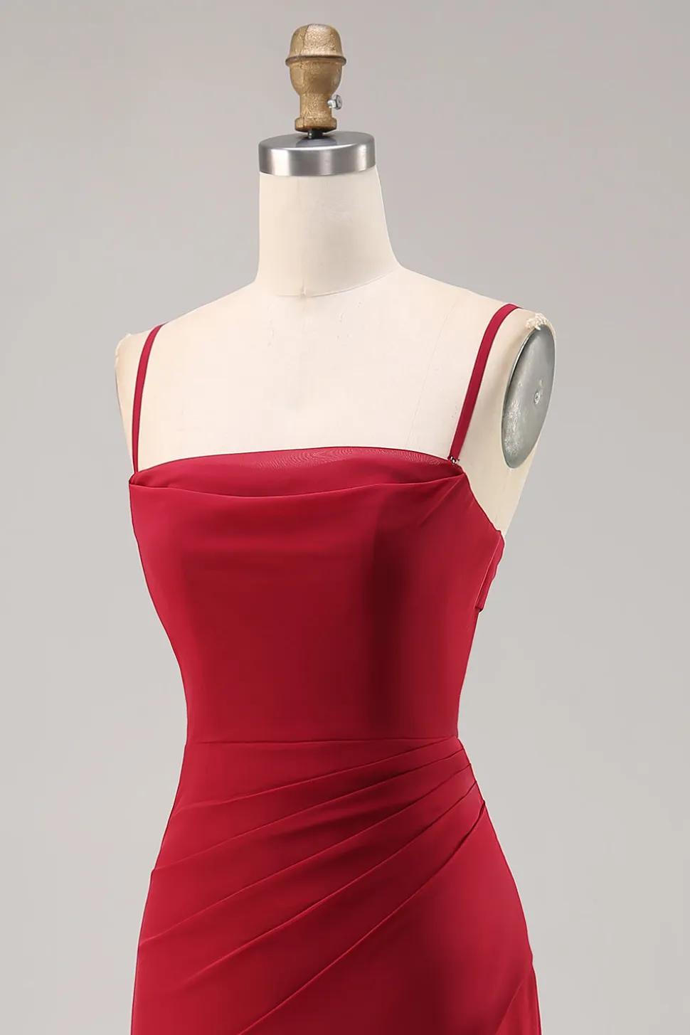 Vermelho escuro Ruched Chiffon espaguete alças longo vestido de dama de honra com fenda