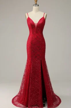Vermelho Escuro Sereia Vestido de Festa