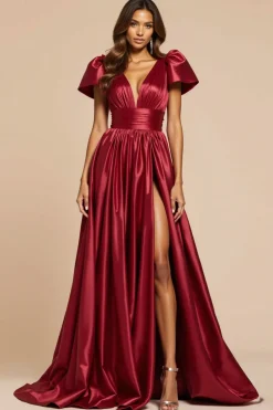 Vermelho escuro Uma linha V-Neck plissado vestido de baile com mangas curtas