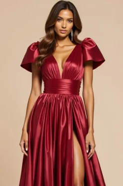 Vermelho escuro Uma linha V-Neck plissado vestido de baile com mangas curtas