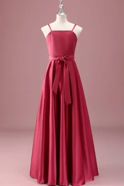 Vermelho escuro Uma linha de alças espaguete Ruched Junior Vestido de dama de honra