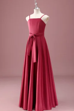 Vermelho escuro Uma linha de alças espaguete Ruched Junior Vestido de dama de honra