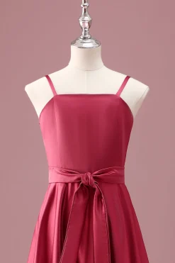 Vermelho escuro Uma linha de alças espaguete Ruched Junior Vestido de dama de honra