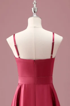 Vermelho escuro Uma linha de alças espaguete Ruched Junior Vestido de dama de honra