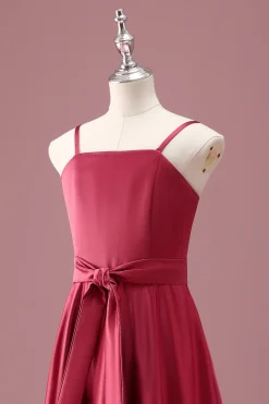 Vermelho escuro Uma linha de alças espaguete Ruched Junior Vestido de dama de honra