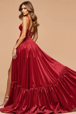 Vermelho escuro Uma linha cortada plissado vestido de baile de formatura de cetim