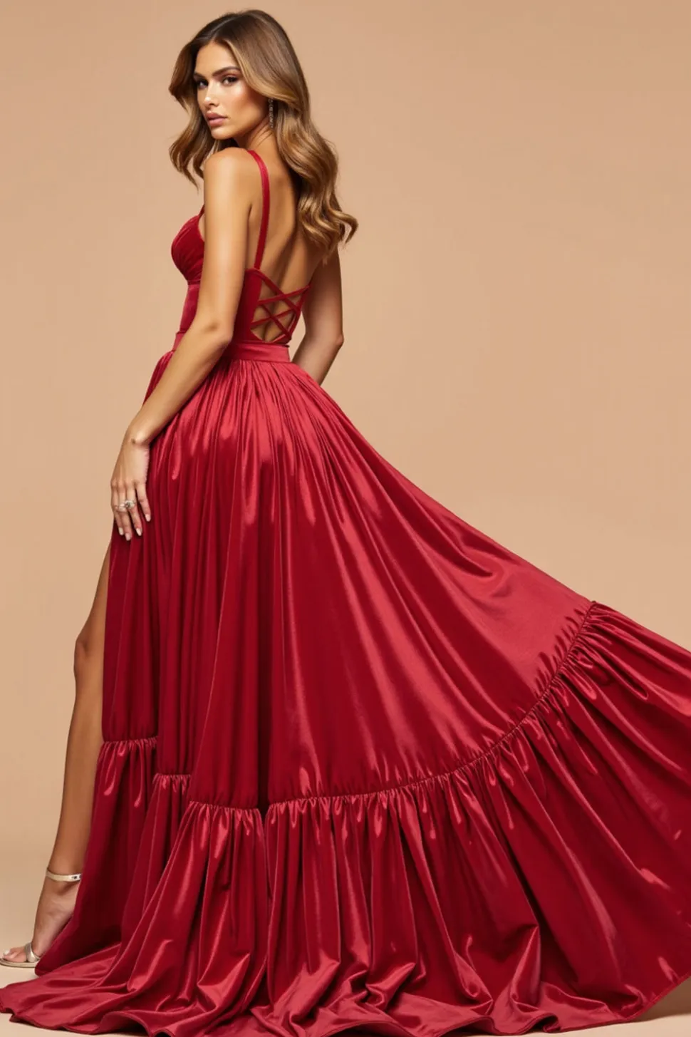 Vermelho escuro Uma linha cortada plissado vestido de baile de formatura de cetim