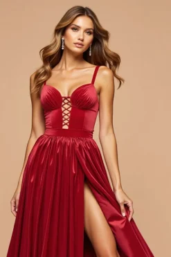 Vermelho escuro Uma linha cortada plissado vestido de baile de formatura de cetim