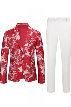Vermelho Floral Jacquard 2 Peças Homens Ternos