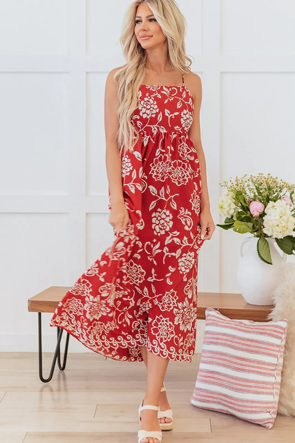 Vermelho Flores Linha-A Direto Midi Vestido de Verão