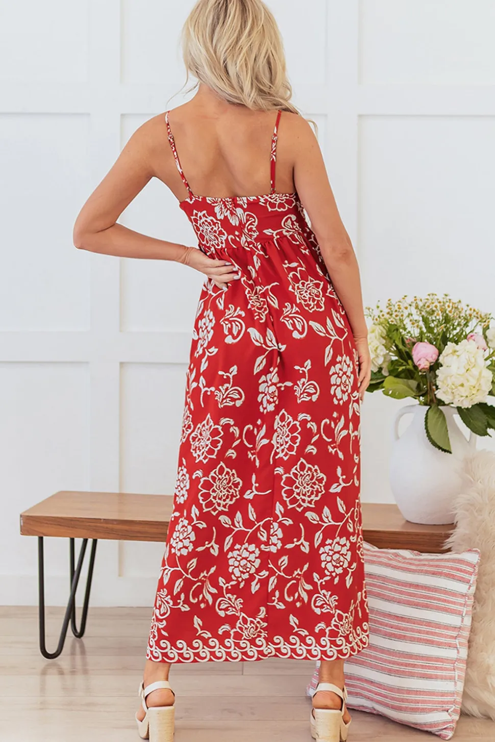 Vermelho Flores Linha-A Direto Midi Vestido de Verão