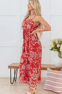 Vermelho Flores Linha-A Direto Midi Vestido de Verão