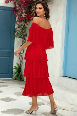 Vermelho fora do ombro plissado plissado uma linha vestido de dama de honra