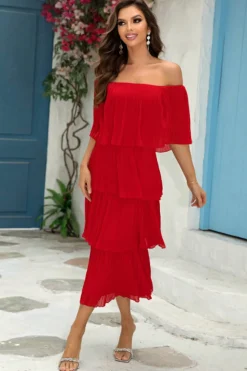 Vermelho fora do ombro plissado plissado uma linha vestido de dama de honra