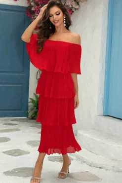Vermelho fora do ombro plissado plissado uma linha vestido de dama de honra