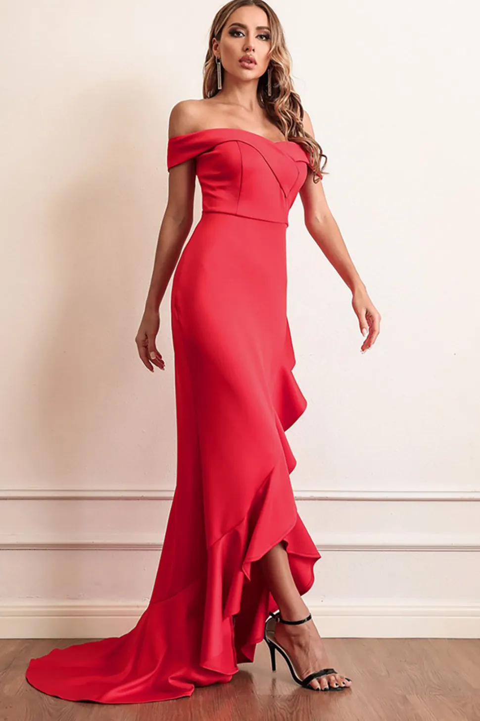 Vermelho Fora do Ombro Vestido de Festa