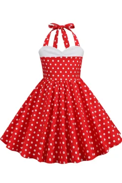 Vermelho Halter Pontos de Polka 1950s Vestido de Menina