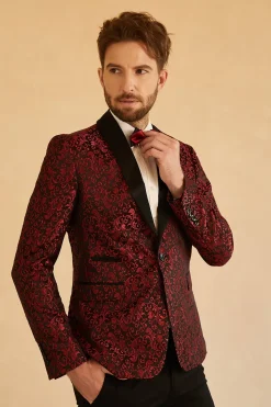 Vermelho Lapela Shawl Jacquard Blazer Masculino