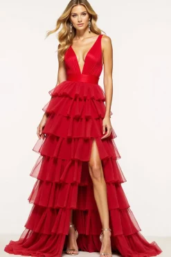 Vermelho Linha-A Decote em V Tule Longo Vestido De Baile com Fenda