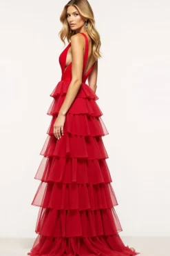 Vermelho Linha-A Decote em V Tule Longo Vestido De Baile com Fenda