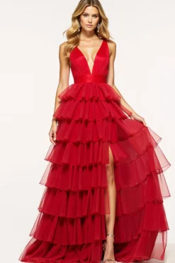 Vermelho Linha-A Decote em V Tule Longo Vestido De Baile com Fenda