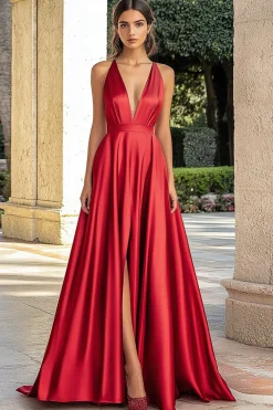Vermelho Linha-A Decote em V Longo Vestido De Baile com Fenda