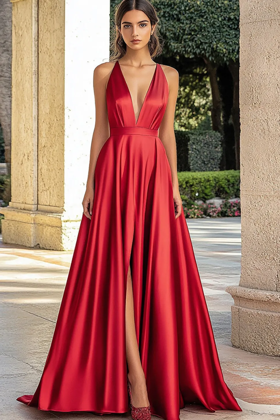 Vermelho Linha-A Decote em V Longo Vestido De Baile com Fenda