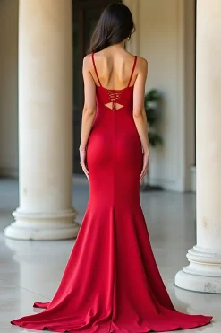 Vermelho Matte Satin Bainha Espaghetti Correias Prom Dress